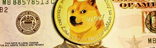 Een munt met Doge erop, bovenop een biljet van 50 Amerikaanse Dollar.